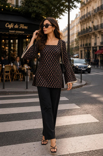 Black Buta Block Print Cotton Kurti | Square Neck Long Sleeve Indian Tunic Top