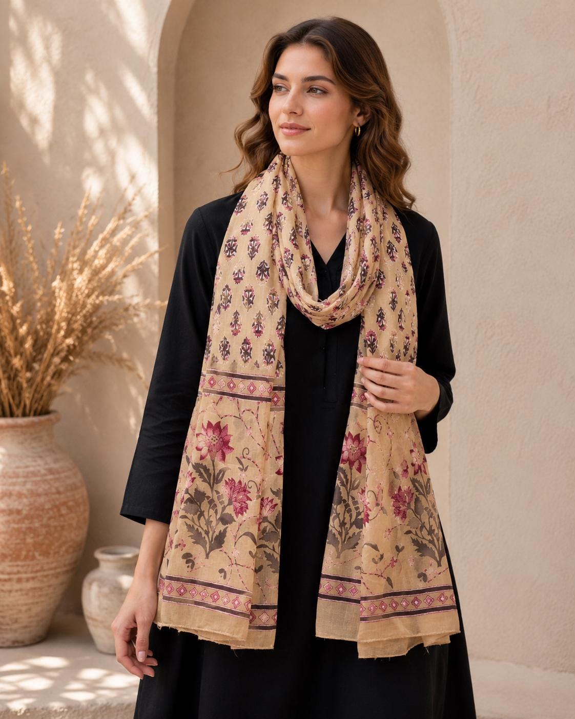 Hand Block Cotton Mul-Mul Dupatta, Botanical Floral Print, Lightweight Summer Scarf, Ethnic Stole