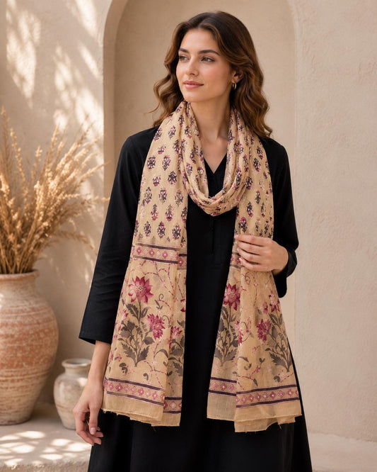 Hand Block Cotton Mul-Mul Dupatta, Botanical Floral Print, Lightweight Summer Scarf, Ethnic Stole