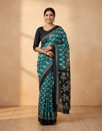 Jaipuri Ajrakh Cotton Saree, Bagru Indigo Print Sari, Traditional Indian Ethnic Wear with Blouse Piece