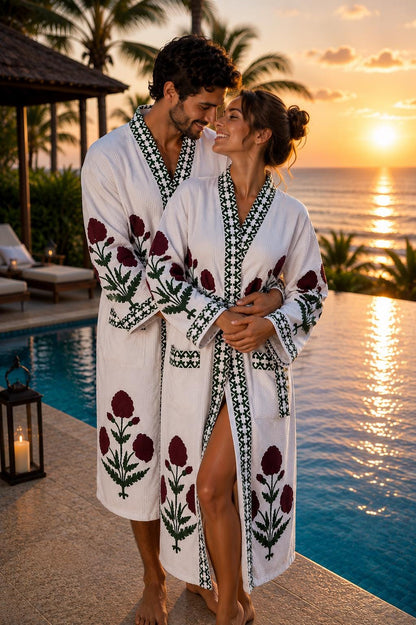 Hand Block Printed Cotton Bathrobe for Couples | His & Hers Waffle Robes | Green Floral Jaipur Handmade Gift