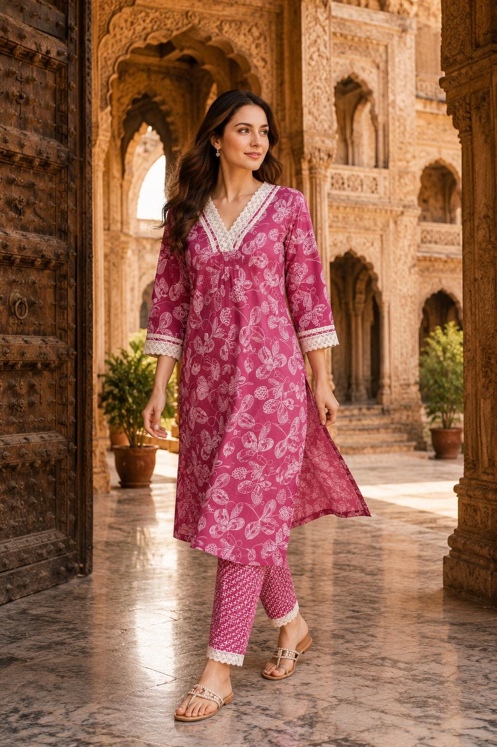Jaipuri Designer Lace Work Kurta Pant Set for Women, Indian Ethnic Wear Suit Set, Printed Cotton Kurta Palazzo Outfit, Festival Dress