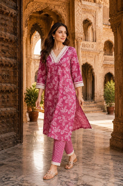 Jaipuri Designer Lace Work Kurta Pant Set for Women, Indian Ethnic Wear Suit Set, Printed Cotton Kurta Palazzo Outfit, Festival Dress