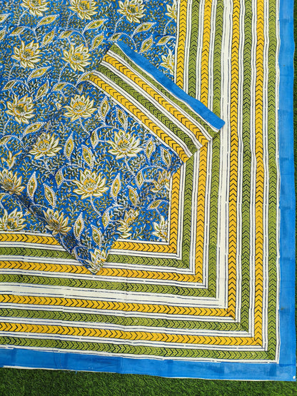 Rajasthani Traditional Pure Hand Block Printed Cotton Double Bedsheet with Zipper Pillow Covers