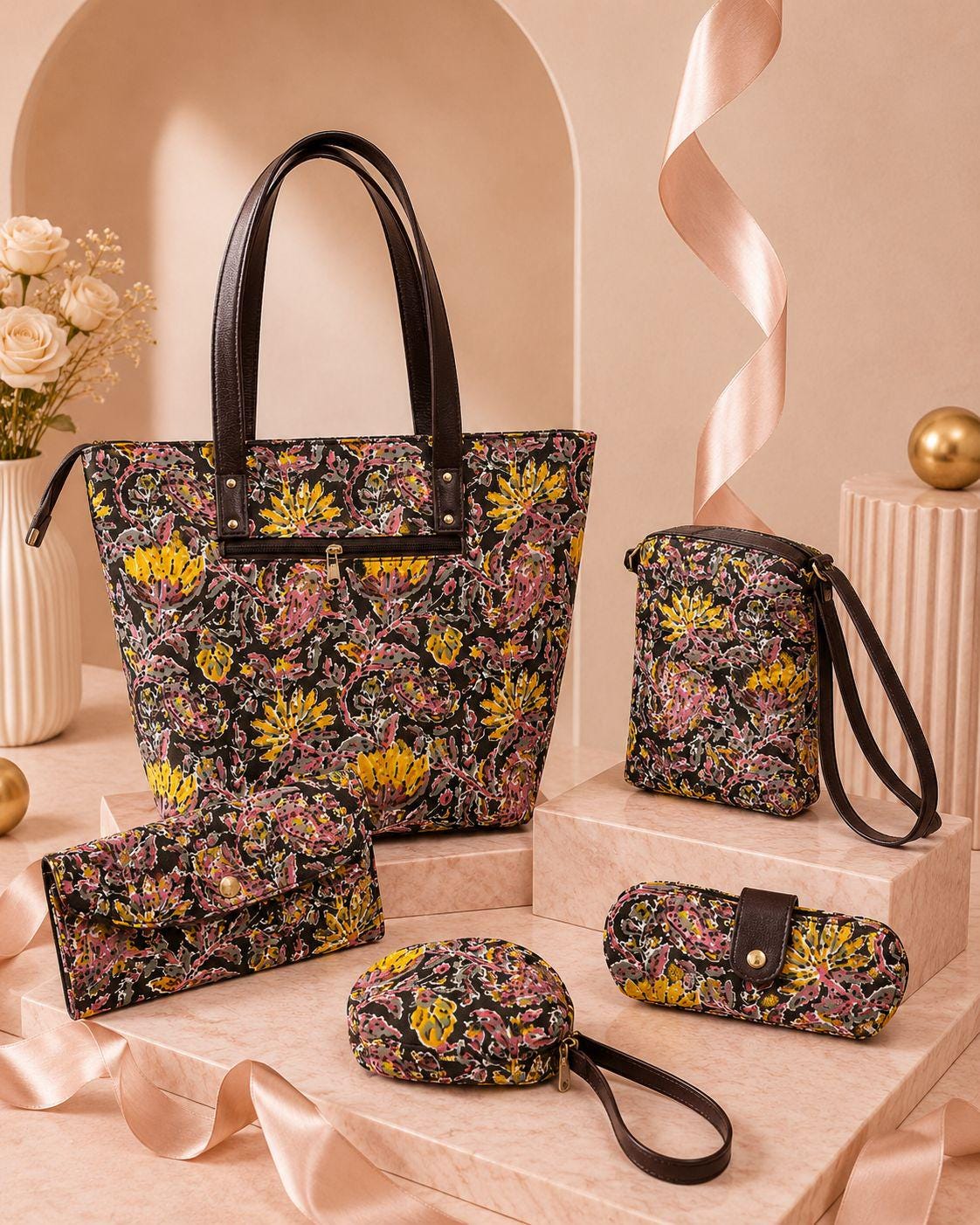 Jaipuri Print Cotton Bag Set | Tote, Sling, Clutch, Goggle Case, Coin Purse