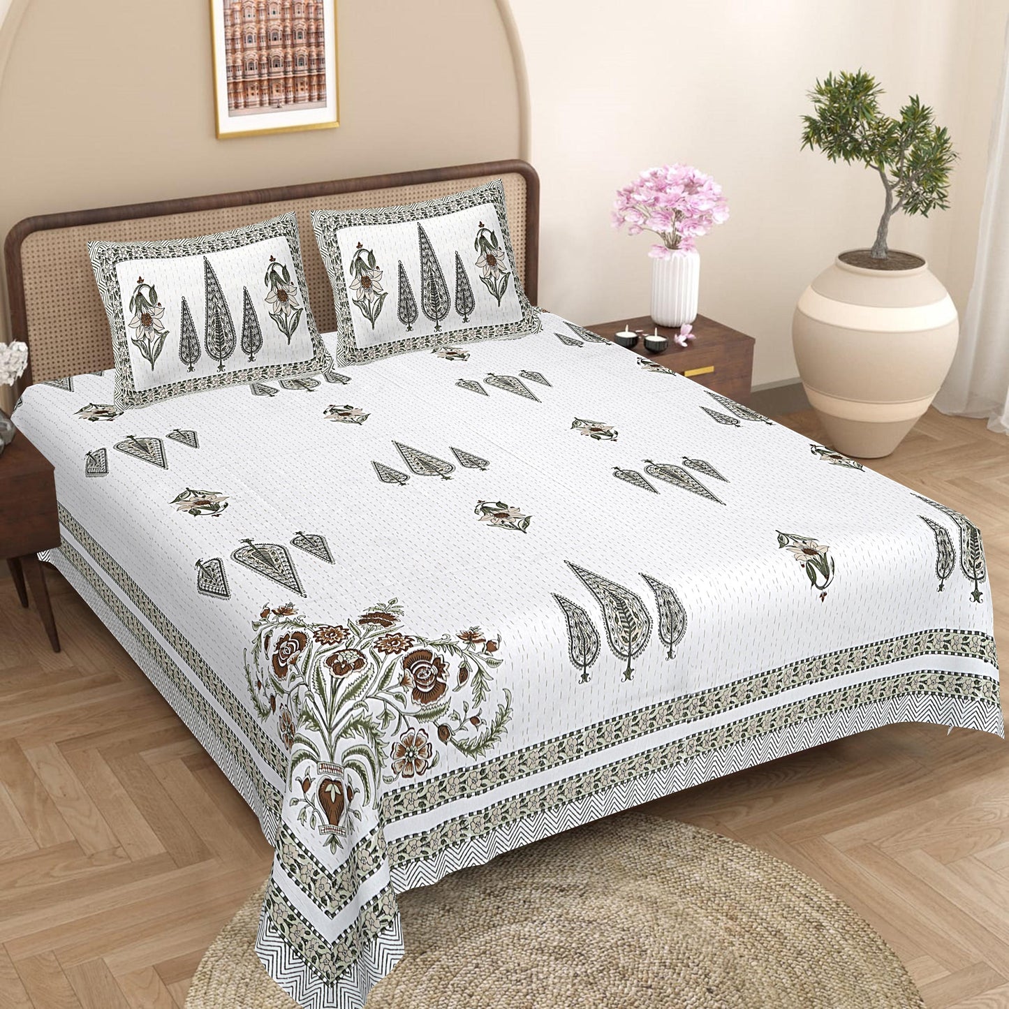 Hand Block Printed Cotton Bedsheet Set, Floral Paisley Indian Bedding (86x106 Inch)