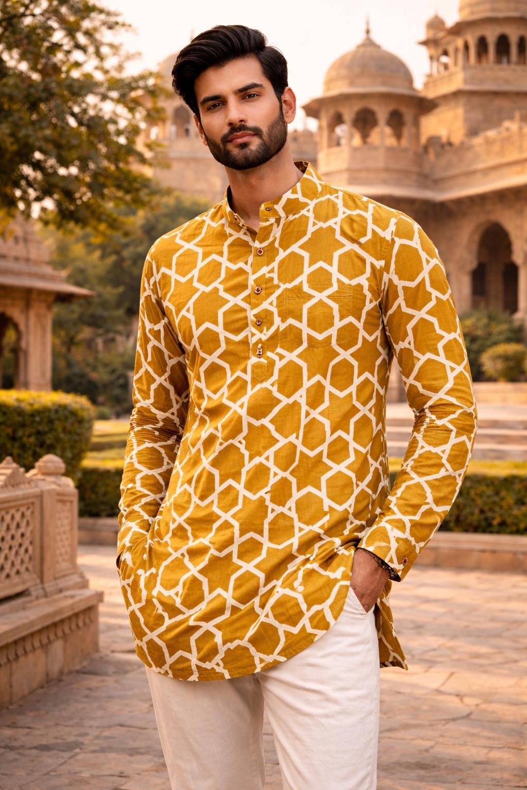Jaipuri Printed Short Kurta for Men | 100% Cotton Rajasthani Ethnic Wear | Full Sleeves Indian Kurta
