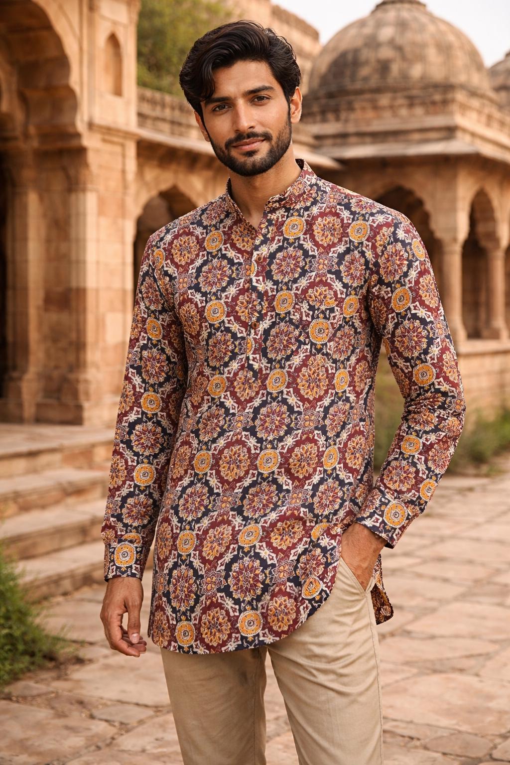 Jaipuri Printed Short Kurta for Men | 100% Cotton Rajasthani Ethnic Wear | Full Sleeves Indian Kurta