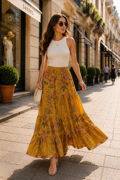 Jaipuri Geometric Print Rayon Maxi Skirt, Indian Boho Long Skirt, Printed Summer Skirt, Lightweight Vacation Festival Skirt for Women