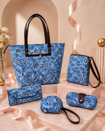 Jaipuri Print Cotton Tote Bag Set | Leather Trimmed Clutch, Coin Purse, Goggle Case