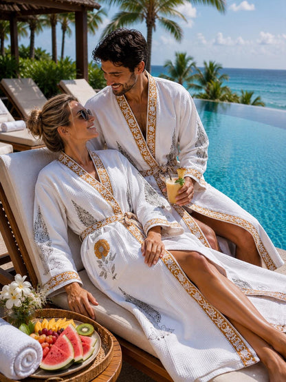 Hand Block Printed Cotton Bathrobe for Couples | His & Hers Waffle Robes | Green Floral Jaipur Handmade Wedding Gift