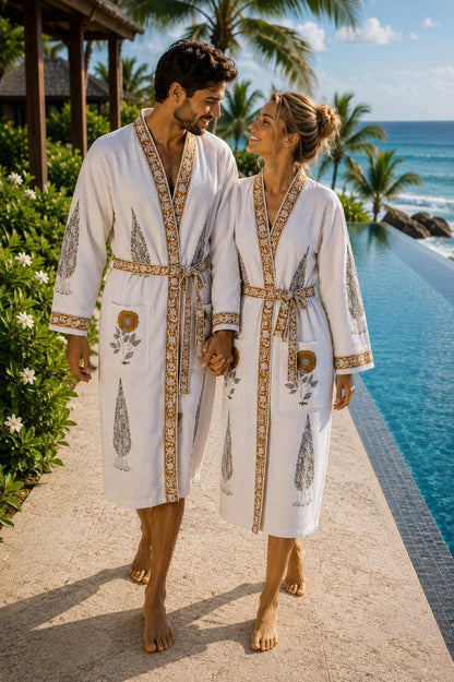 Hand Block Printed Cotton Bathrobe for Couples | His & Hers Waffle Robes | Green Floral Jaipur Handmade Wedding Gift