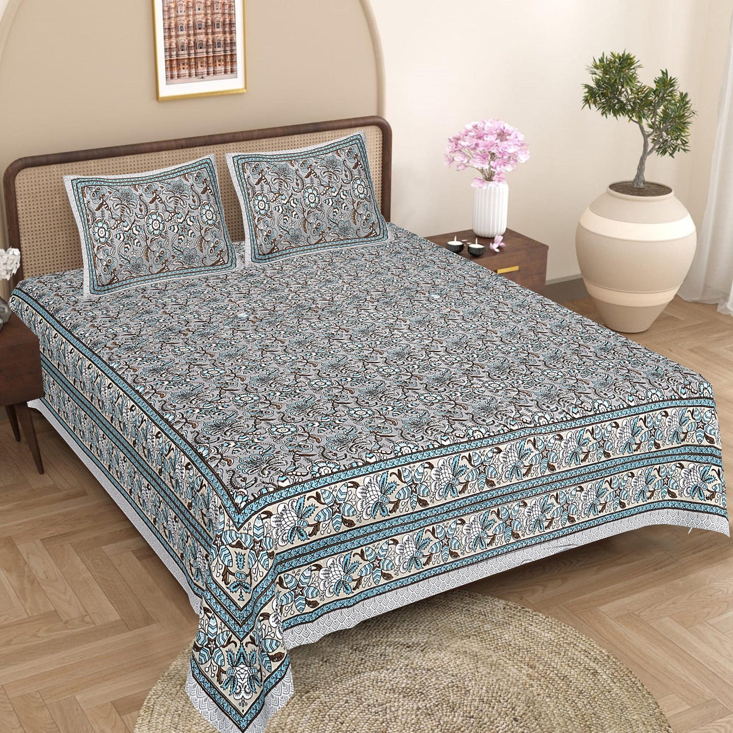 Rajasthani Hand Block Printed Cotton Bedsheet Set, Floral Indian Bedding (Double Bed)