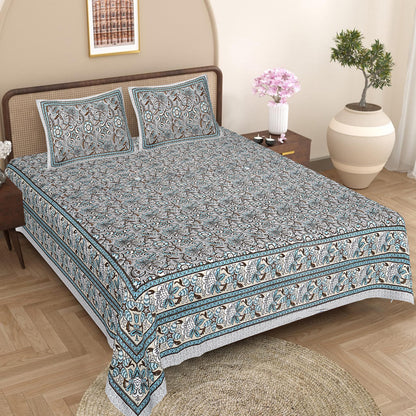 Rajasthani Hand Block Printed Cotton Bedsheet Set, Floral Indian Bedding (Double Bed)
