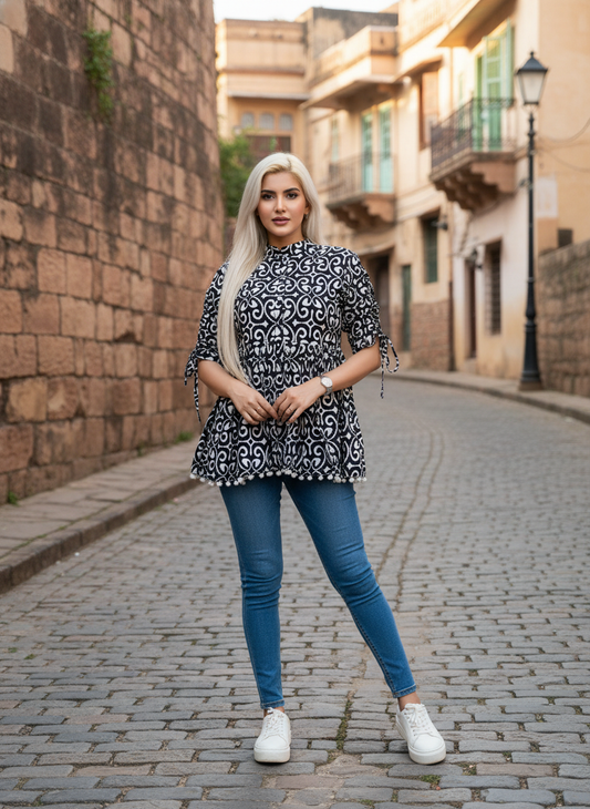 Women's Black & White Printed Cotton Peplum Top with 3/4 Sleeves – Stylish Casual Ethnic Wear