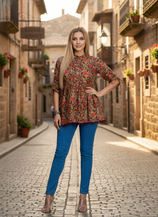 Women's Maroon Multicolor Floral Printed Cotton Peplum Top with 3/4 Sleeves – Casual & Festive Wear