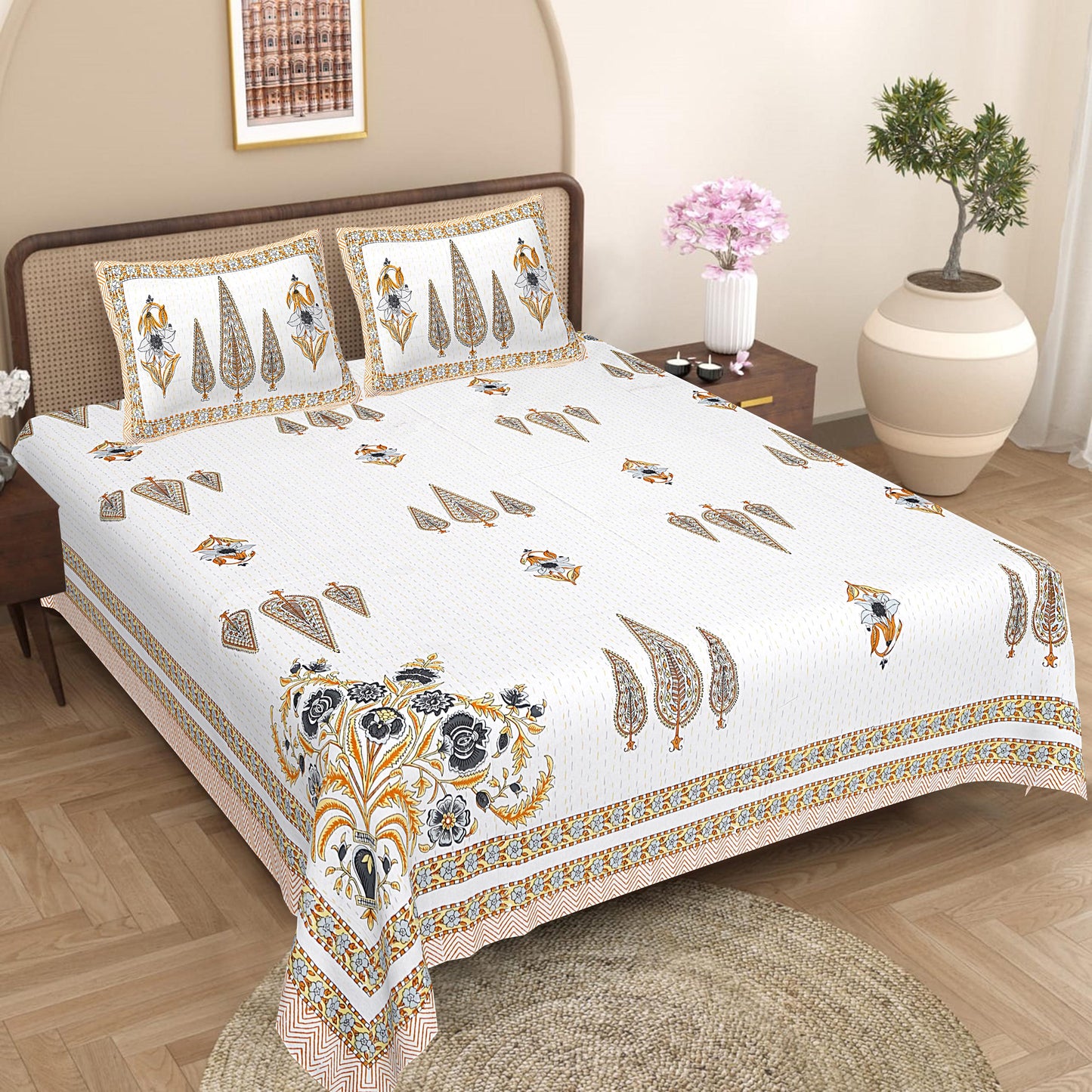 Hand Block Printed Cotton Bedsheet Set, Floral Paisley Indian Bedding (86x106 Inch)