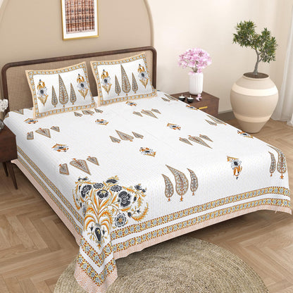 Hand Block Printed Cotton Bedsheet Set, Floral Paisley Indian Bedding (86x106 Inch)