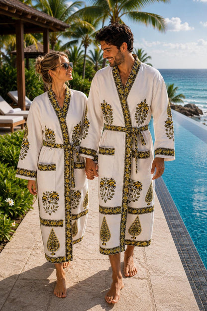 Hand Block Print Cotton Waffle Bathrobe, Unisex Kimono Style, Jaipur Floral Print