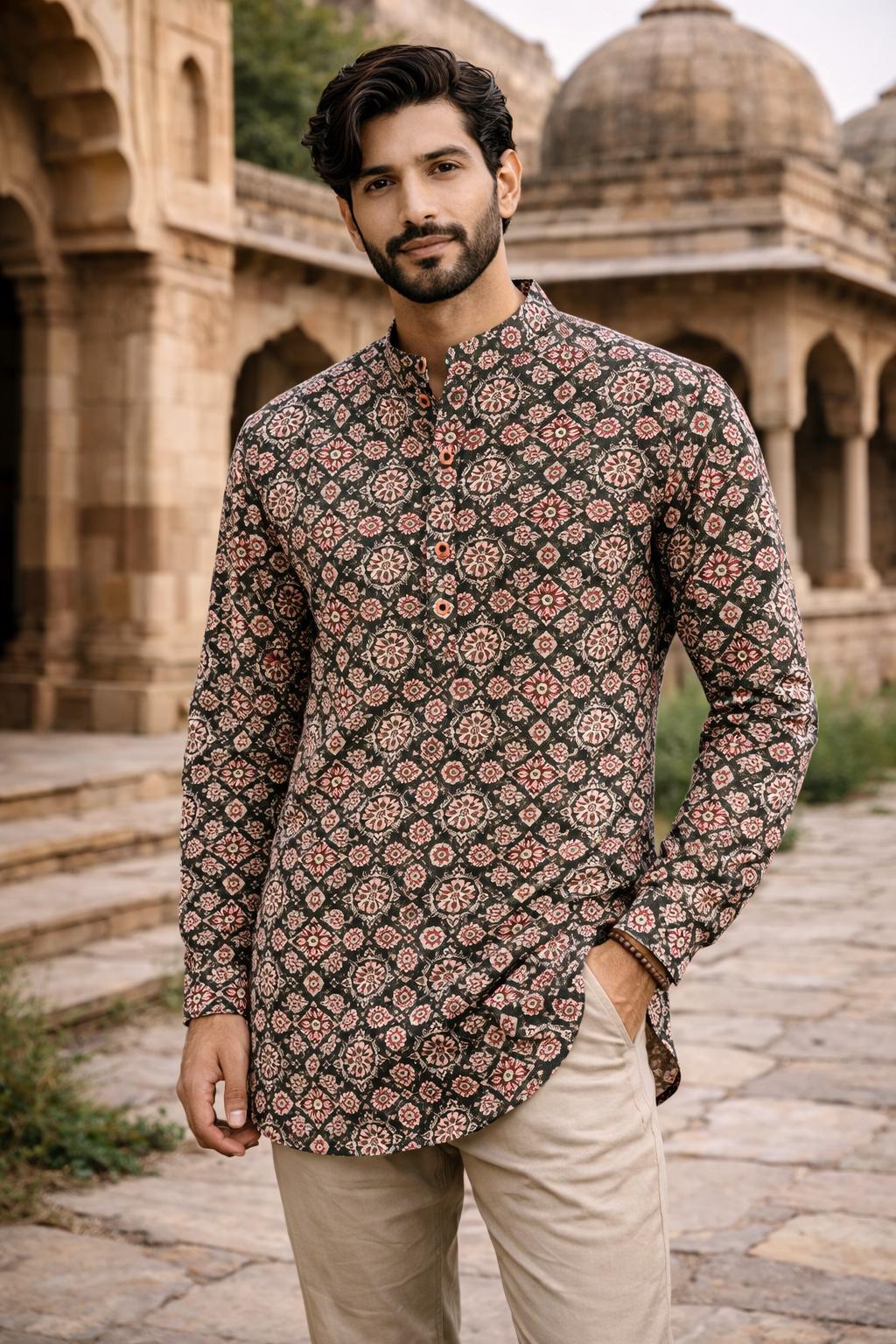 Jaipuri Printed Short Kurta for Men | 100% Cotton Rajasthani Ethnic Wear | Full Sleeves Indian Kurta