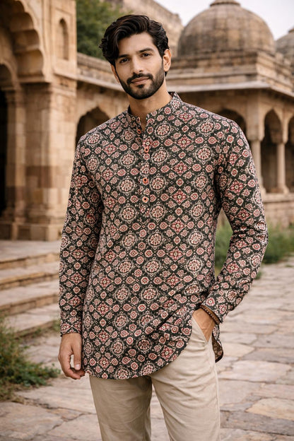 Jaipuri Printed Short Kurta for Men | 100% Cotton Rajasthani Ethnic Wear | Full Sleeves Indian Kurta