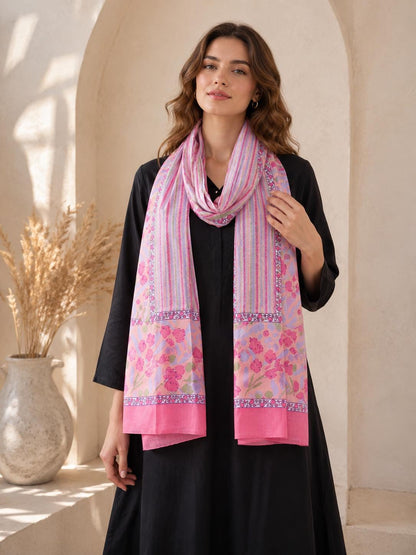 Hand Block Cotton Mul-Mul Dupatta, Botanical Floral Print, Lightweight Summer Scarf, Ethnic Stole