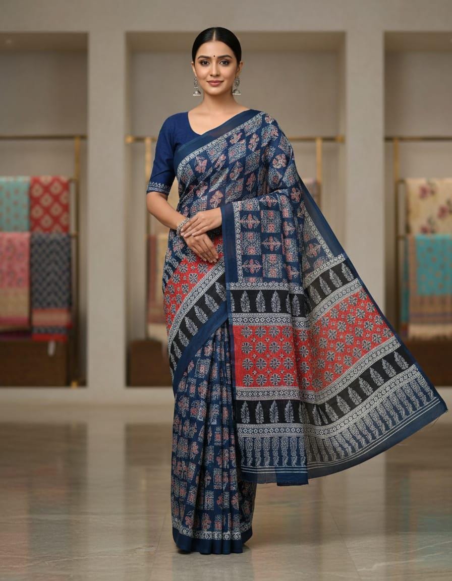 Jaipuri Ajrakh Cotton Saree, Bagru Indigo Print Sari, Traditional Indian Ethnic Wear with Blouse Piece