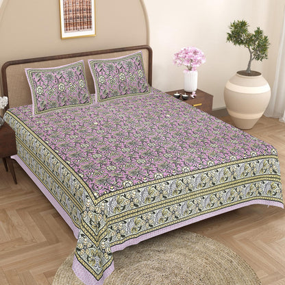 Rajasthani Hand Block Printed Cotton Bedsheet Set, Floral Indian Bedding (Double Bed)