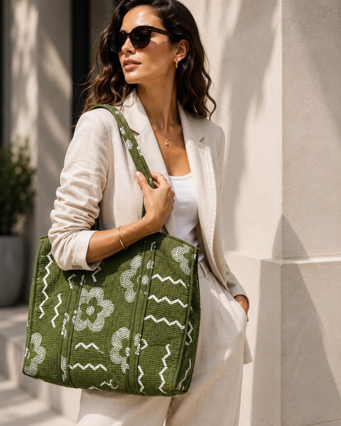 Jaipuri Quilted Cotton Tote Bag: Market Women's Size (17*18 Inc) One Pocket