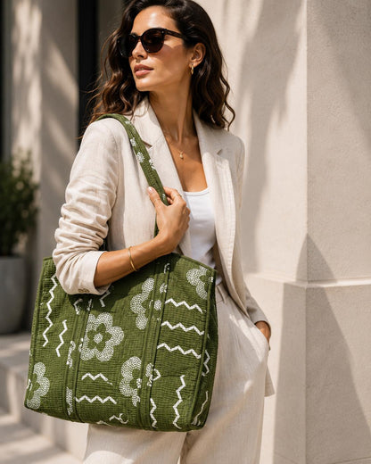 Jaipuri Quilted Cotton Tote Bag: Market Women's Size (17*18 Inc) One Pocket