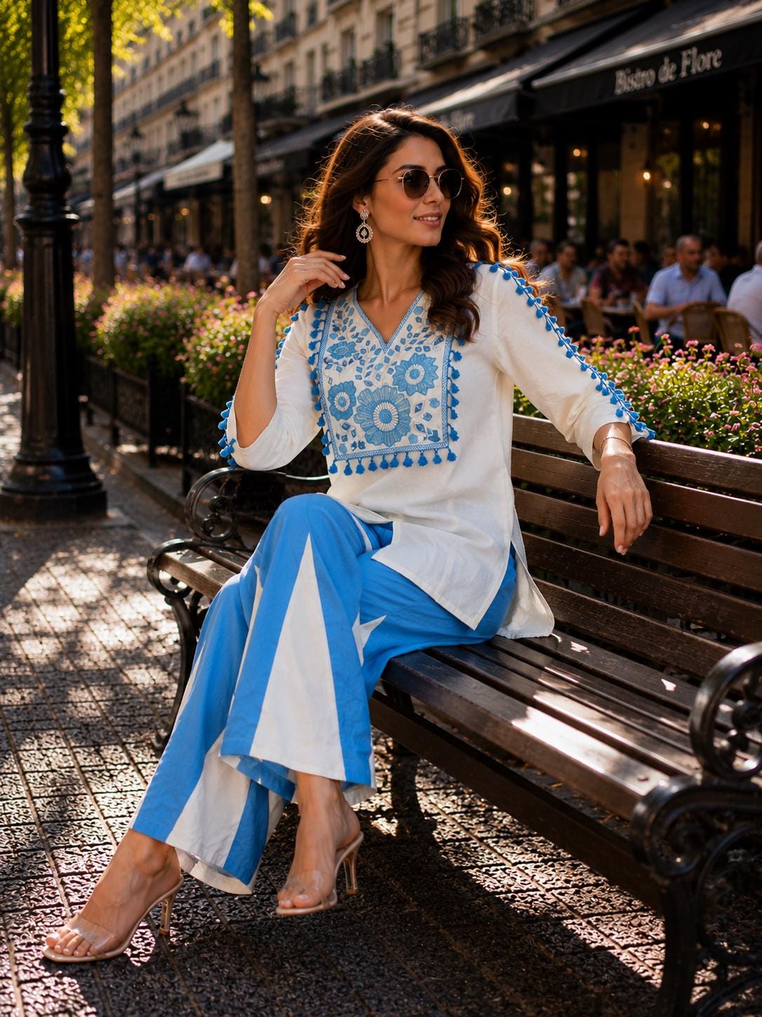 White Cotton Kurta Pant Set | Floral Embroidery, Lace Tassels, Wide Leg