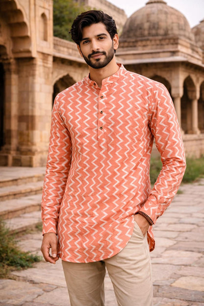 Jaipuri Printed Short Kurta for Men | 100% Cotton Rajasthani Ethnic Wear | Full Sleeves Indian Kurta