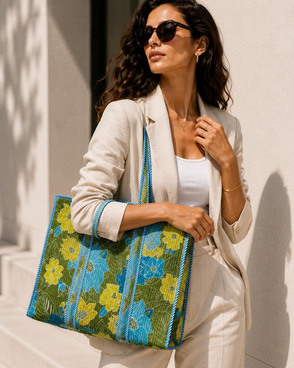 Floral Quilted Cotton Tote, Indian Boho Shoulder Bag, Large Everyday Travel Bag