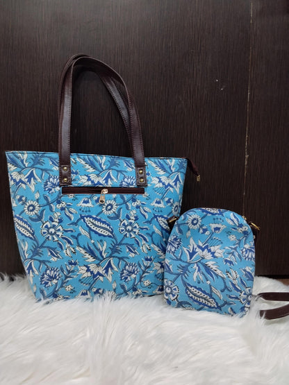 Jaipuri Print Cotton Tote Bag Set | Leather Trimmed Clutch, Coin Purse, Goggle Case