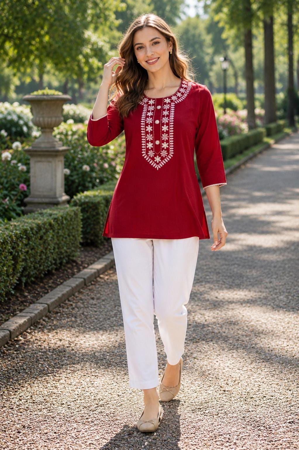 White Embroidered Rayon Kurti | Round Neck Long Sleeve Tunic Top (M-2XL)