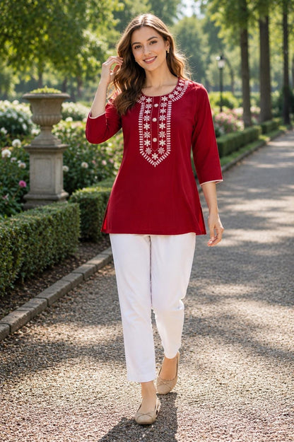 White Embroidered Rayon Kurti | Round Neck Long Sleeve Tunic Top (M-2XL)