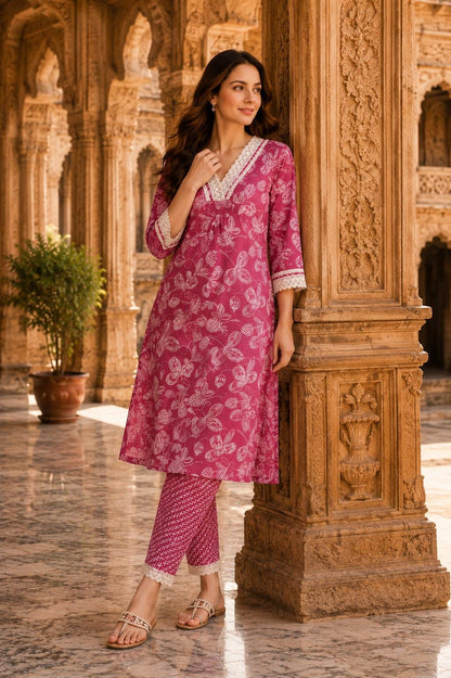 Jaipuri Designer Lace Work Kurta Pant Set for Women, Indian Ethnic Wear Suit Set, Printed Cotton Kurta Palazzo Outfit, Festival Dress