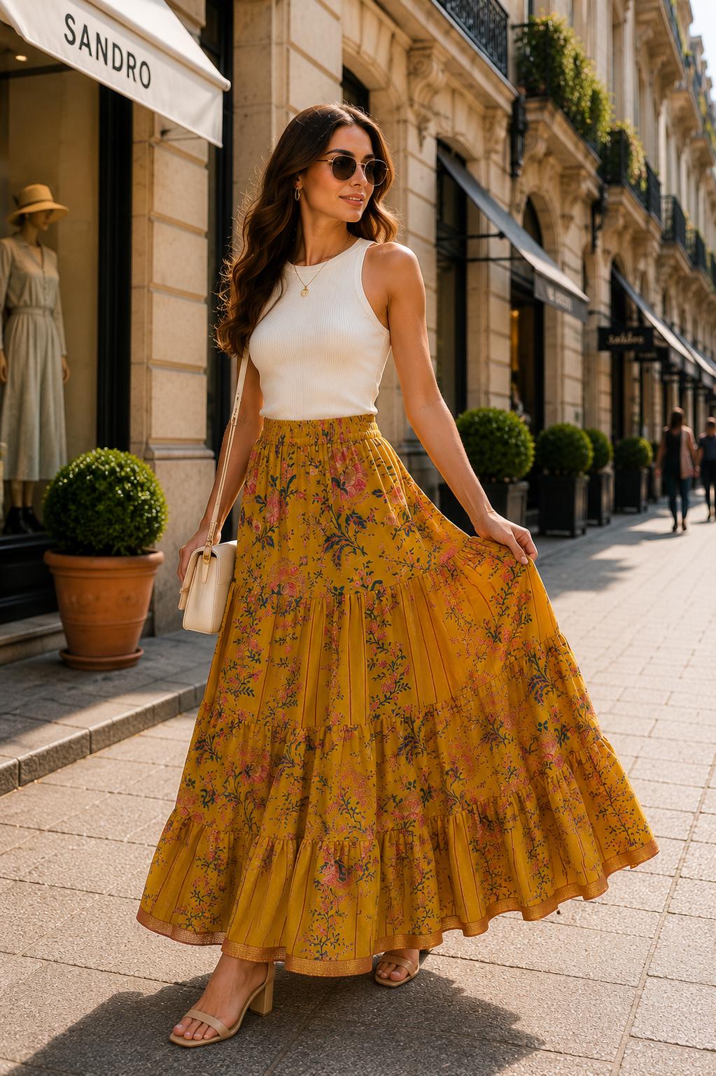 Jaipuri Geometric Print Rayon Maxi Skirt, Indian Boho Long Skirt, Printed Summer Skirt, Lightweight Vacation Festival Skirt for Women