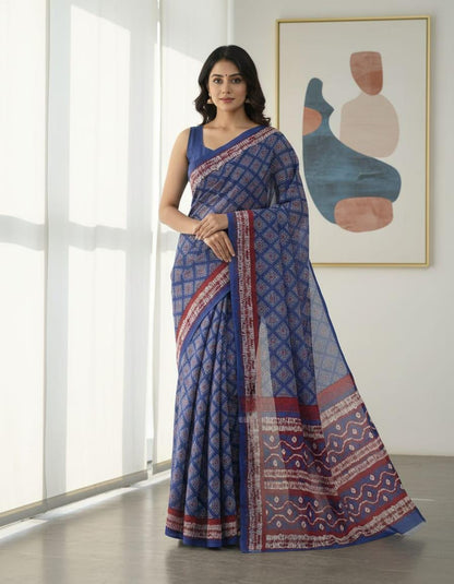 Jaipuri Ajrakh Cotton Saree, Bagru Indigo Print Sari, Traditional Indian Ethnic Wear with Blouse Piece