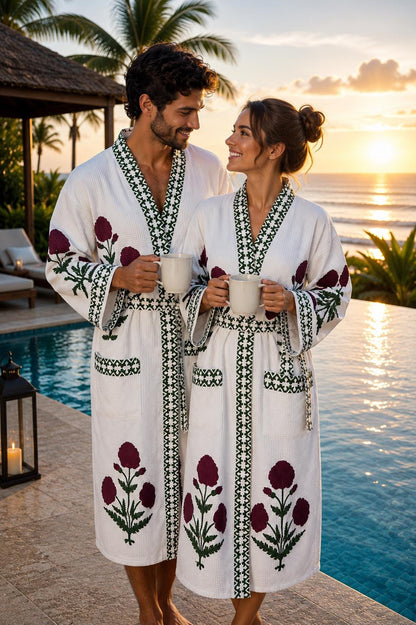 Hand Block Printed Cotton Bathrobe for Couples | His & Hers Waffle Robes | Green Floral Jaipur Handmade Gift