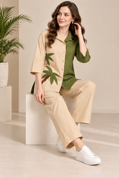 Women’s Olive Green & Beige Handcrafted Palm Tree Shirt Kurti | Relaxed Fit Cotton Tunic Top | 3/4 Sleeve Resort Wear