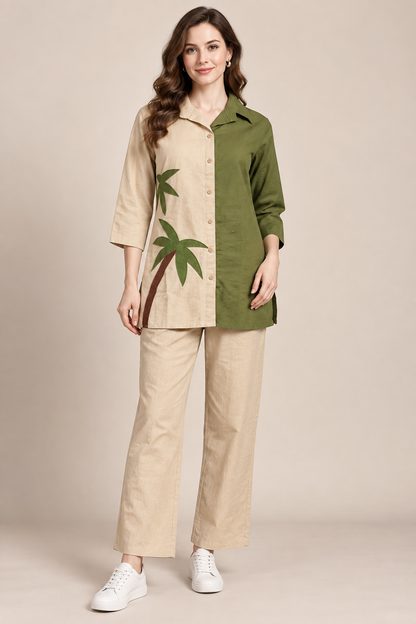 Women’s Olive Green & Beige Handcrafted Palm Tree Shirt Kurti | Relaxed Fit Cotton Tunic Top | 3/4 Sleeve Resort Wear