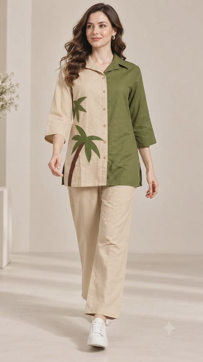 Women’s Olive Green & Beige Handcrafted Palm Tree Shirt Kurti | Relaxed Fit Cotton Tunic Top | 3/4 Sleeve Resort Wear
