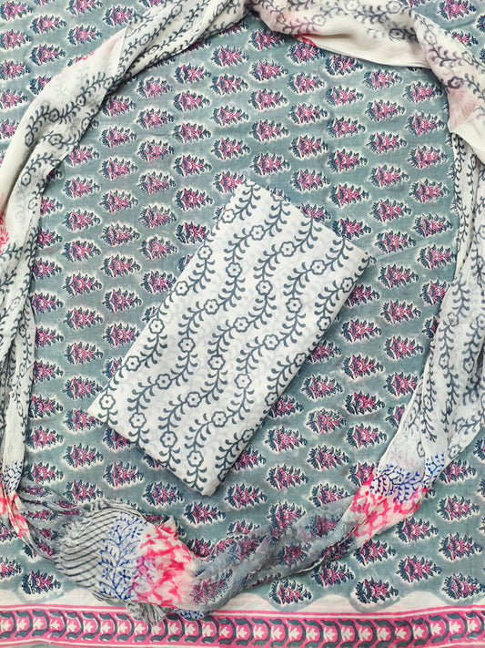 Gargi Floral Print Hand Block Cotton Suit with Shiffon Dupatta (HBS0034)