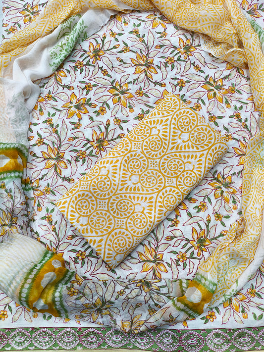 Jamini Floral Print Hand Block Cotton Suit with Shiffon Dupatta (HBS0027)