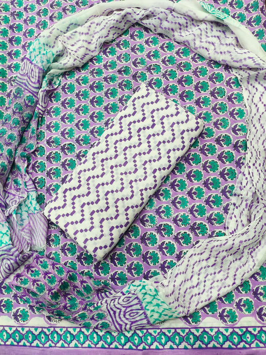 Kaneri Floral Print Hand Block Cotton Suit with Shiffon Dupatta (HBS0042)