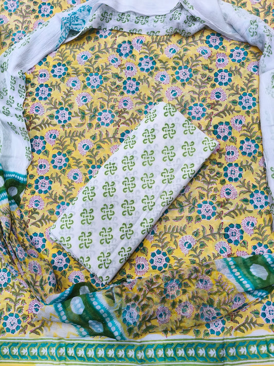 Garima Floral Print Hand Block Cotton Suit with Shiffon Dupatta (HBS0041)
