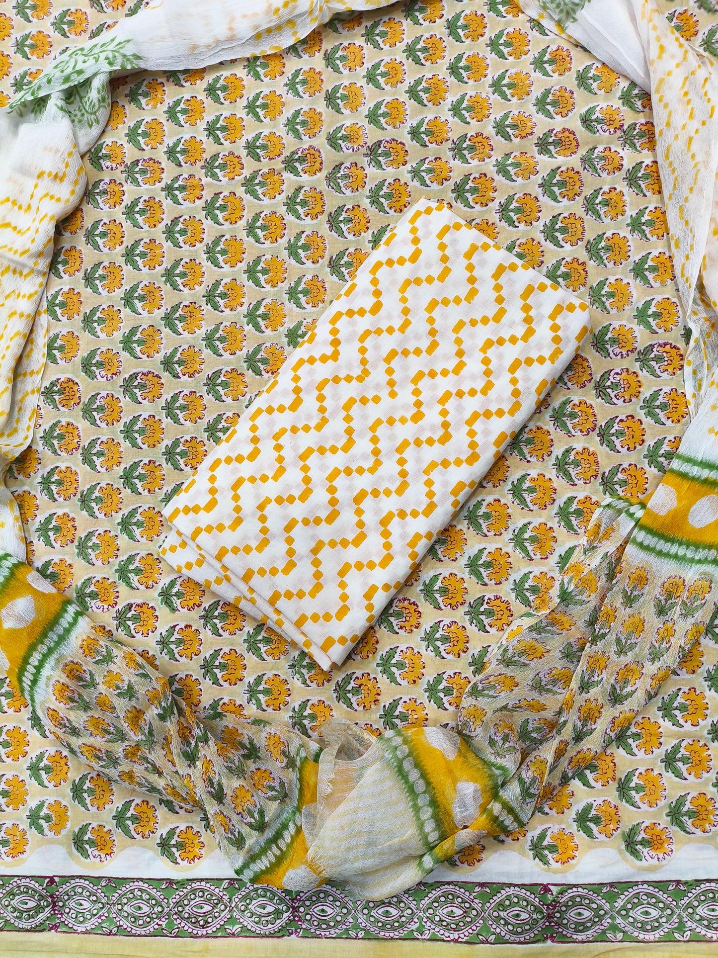 Sanganeri Floral Print Hand Block Cotton Suit with Shiffon Dupatta (HBS0035)