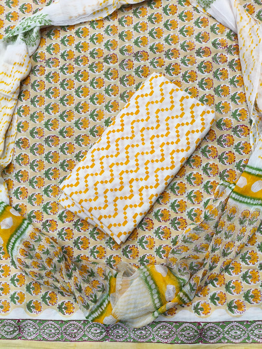 Sanganeri Floral Print Hand Block Cotton Suit with Shiffon Dupatta (HBS0035)