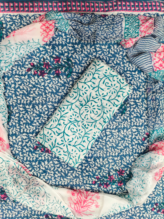 Kiara Floral Print Hand Block Cotton Suit with Shiffon Dupatta (HBS0039)